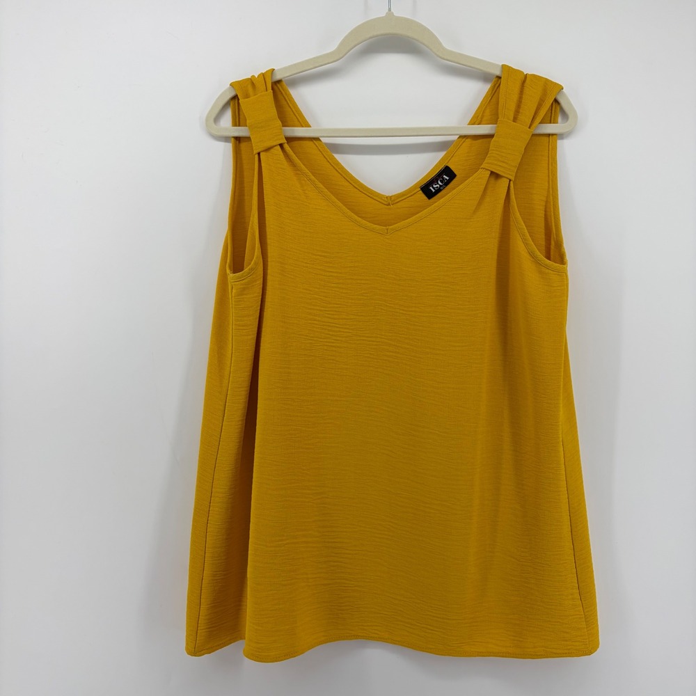 ISCA Womens Large Mustard Yellow Tank Top Knot Shoulder V-Neck Textured Blouse